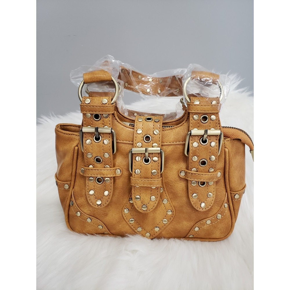 NWOT Current Mood Shoulder Bag baguette handbag purse studded brown biker moto